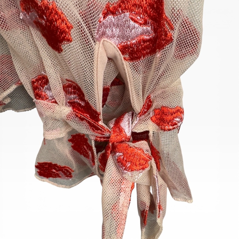 Eva Franco Cheetah Rose Mesh Blouse M Tan Red Embroidered Tie Cuff Art to Wear - Picture 4 of 9